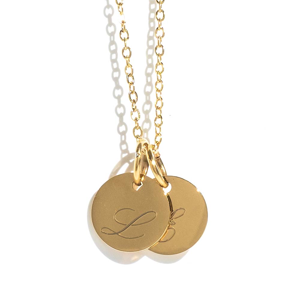 Engravable two disc gold necklace