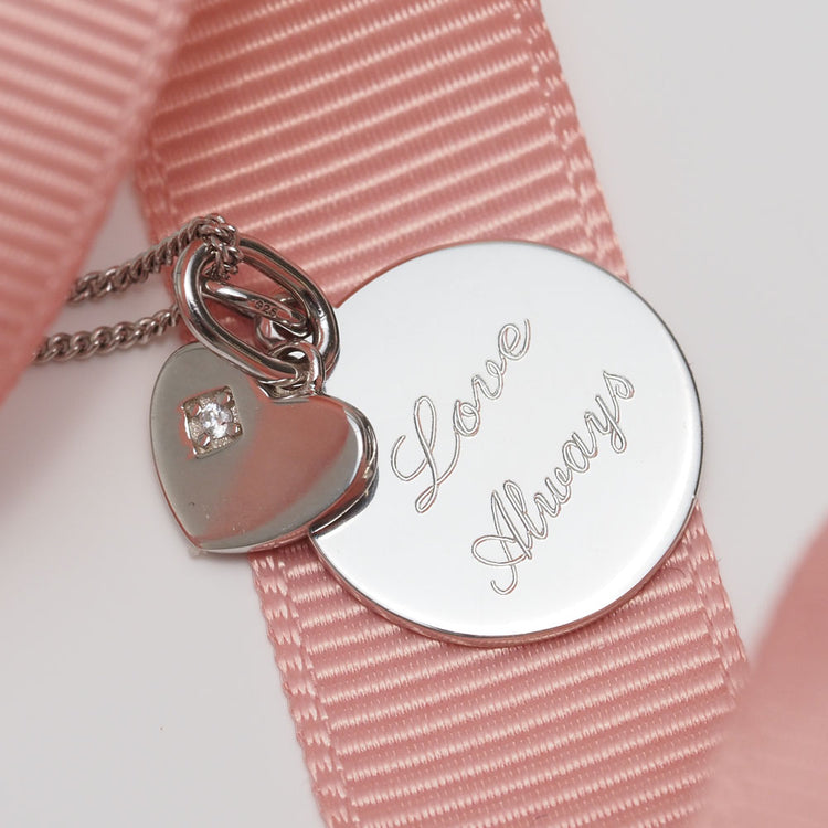 Engravable disc necklace with heart pendant