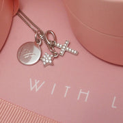 Engravable small disc necklace with personalised charm pendants