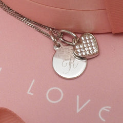 Engravable small disc necklace with heart pendant