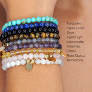 Hand made bracelets made with natural stones and semi precious gem stones, materials include turquoise, lapis lazuli, onyx, tigers eye, labradorite, amethyst, citrine, rose quartz and moonstone, bracelets are personalised with engraving of initials or name or date