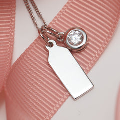 Engravable tag necklace with crystal drop pendant